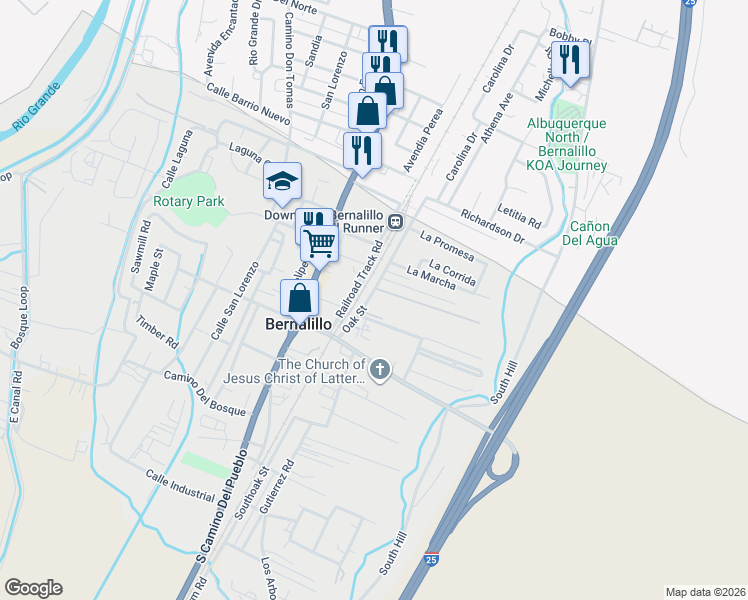map of restaurants, bars, coffee shops, grocery stores, and more near 940 Oak Street in Bernalillo