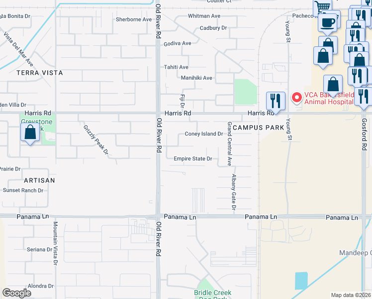 map of restaurants, bars, coffee shops, grocery stores, and more near 9419 Metropolitan Way in Bakersfield