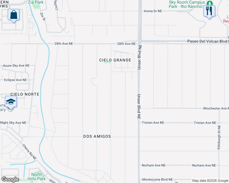 map of restaurants, bars, coffee shops, grocery stores, and more near 2611 Box Lake Drive Northeast in Rio Rancho
