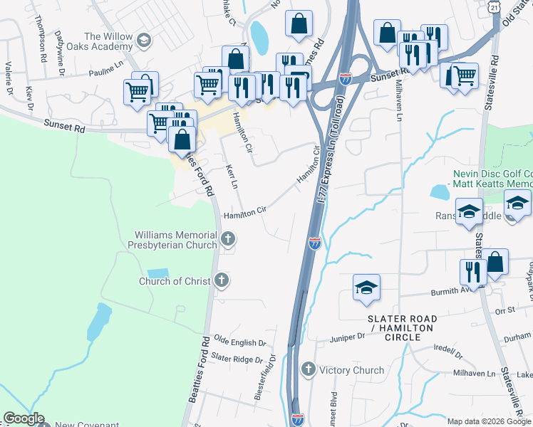 map of restaurants, bars, coffee shops, grocery stores, and more near 4326 Hamilton Circle in Charlotte