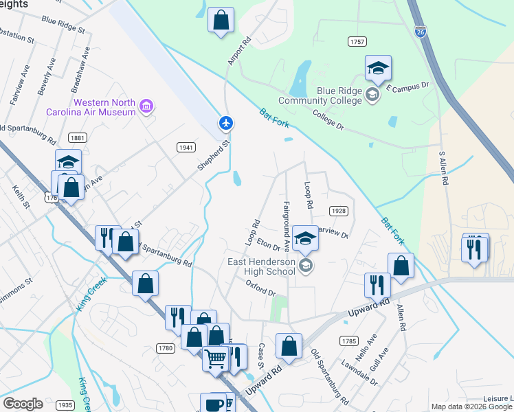 map of restaurants, bars, coffee shops, grocery stores, and more near 414 Loop Road in Hendersonville