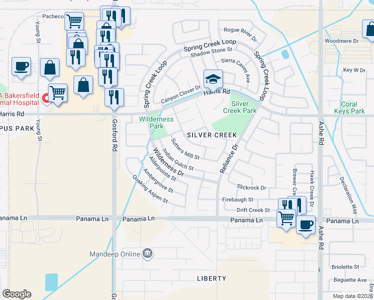 map of restaurants, bars, coffee shops, grocery stores, and more near 7520 Sutters Mill Street in Bakersfield