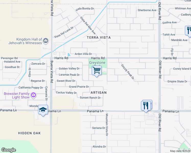map of restaurants, bars, coffee shops, grocery stores, and more near 10615 Mount Pleasant Drive in Bakersfield
