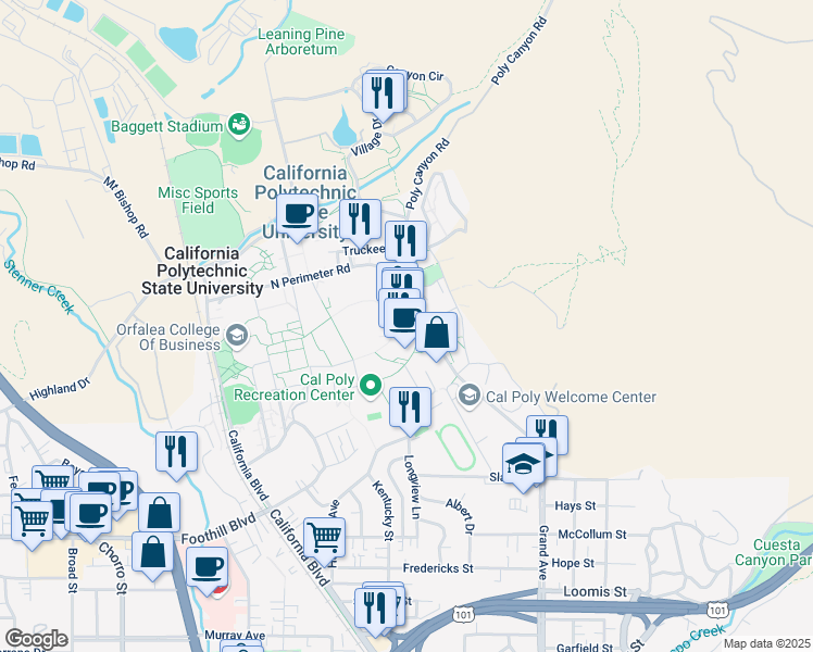 map of restaurants, bars, coffee shops, grocery stores, and more near 1 Grand Avenue in San Luis Obispo