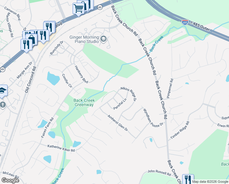 map of restaurants, bars, coffee shops, grocery stores, and more near 10402 Atkins Ridge Drive in Charlotte