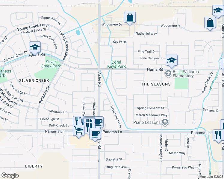 map of restaurants, bars, coffee shops, grocery stores, and more near 5919 Caracas Avenue in Bakersfield