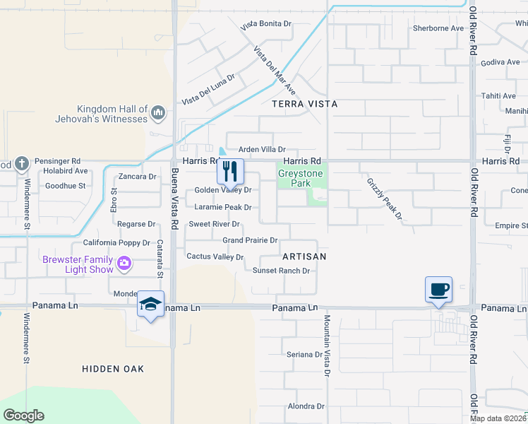map of restaurants, bars, coffee shops, grocery stores, and more near 5912 Grass Creek Drive in Bakersfield