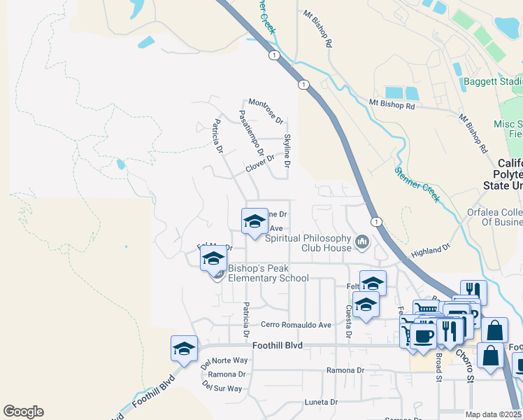 map of restaurants, bars, coffee shops, grocery stores, and more near 230 Marlene Drive in San Luis Obispo