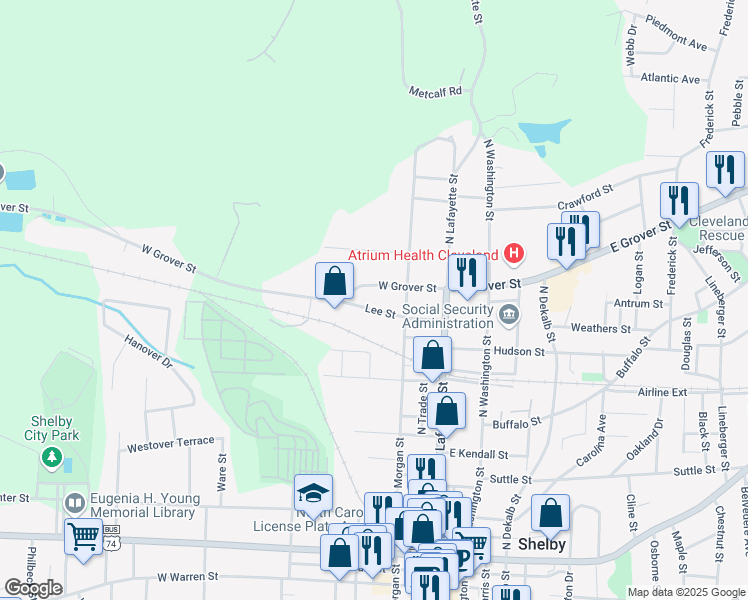 map of restaurants, bars, coffee shops, grocery stores, and more near 222 Lee Street in Shelby