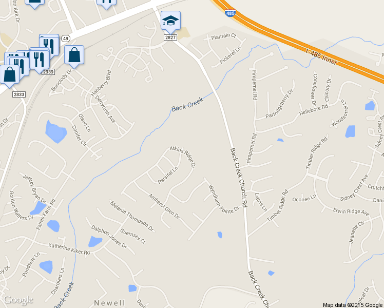 map of restaurants, bars, coffee shops, grocery stores, and more near 10210 Atkins Ridge Drive in Charlotte