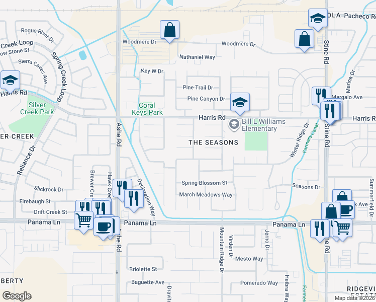 map of restaurants, bars, coffee shops, grocery stores, and more near 5907 Golden Sunset Court in Bakersfield