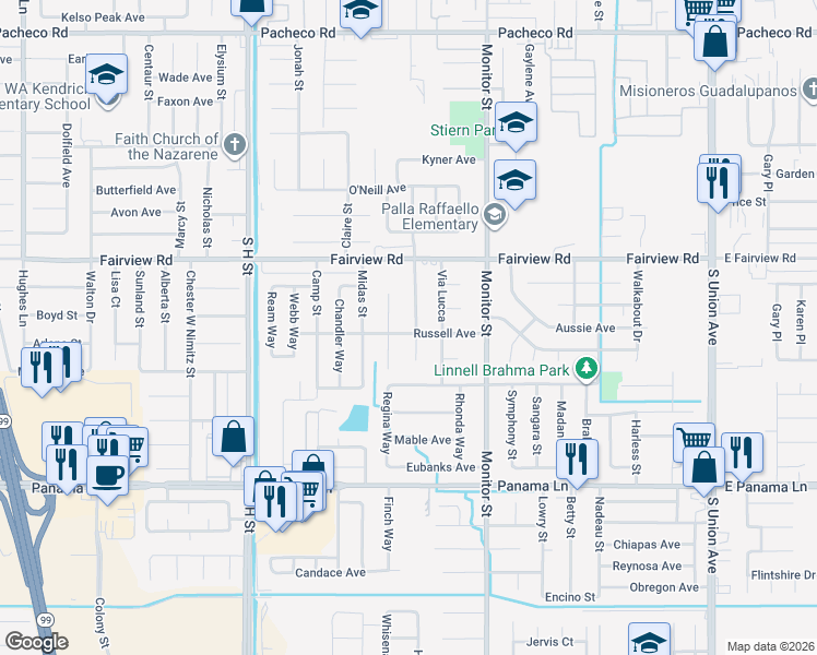 map of restaurants, bars, coffee shops, grocery stores, and more near 5825 Osborne Street in Bakersfield