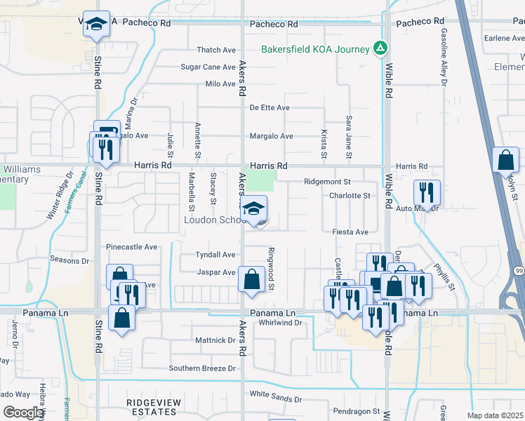 map of restaurants, bars, coffee shops, grocery stores, and more near 4000 Loudon Street in Bakersfield