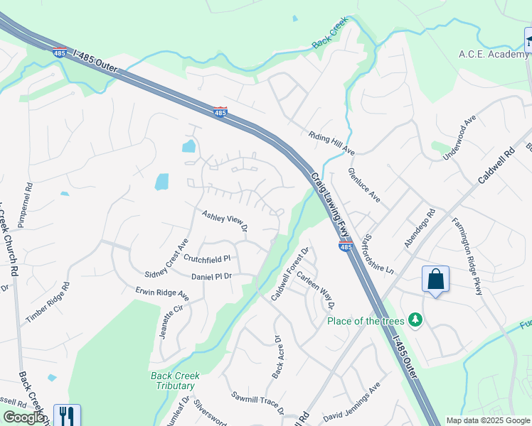 map of restaurants, bars, coffee shops, grocery stores, and more near 10637 Prairie Ridge Lane in Charlotte