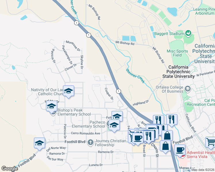 map of restaurants, bars, coffee shops, grocery stores, and more near 655 Couper Drive in San Luis Obispo