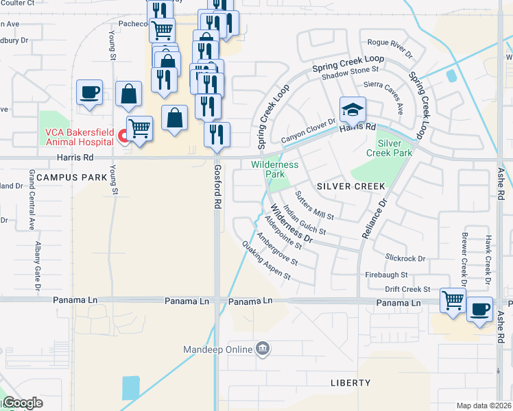 map of restaurants, bars, coffee shops, grocery stores, and more near 5901 Alderpointe Street in Bakersfield