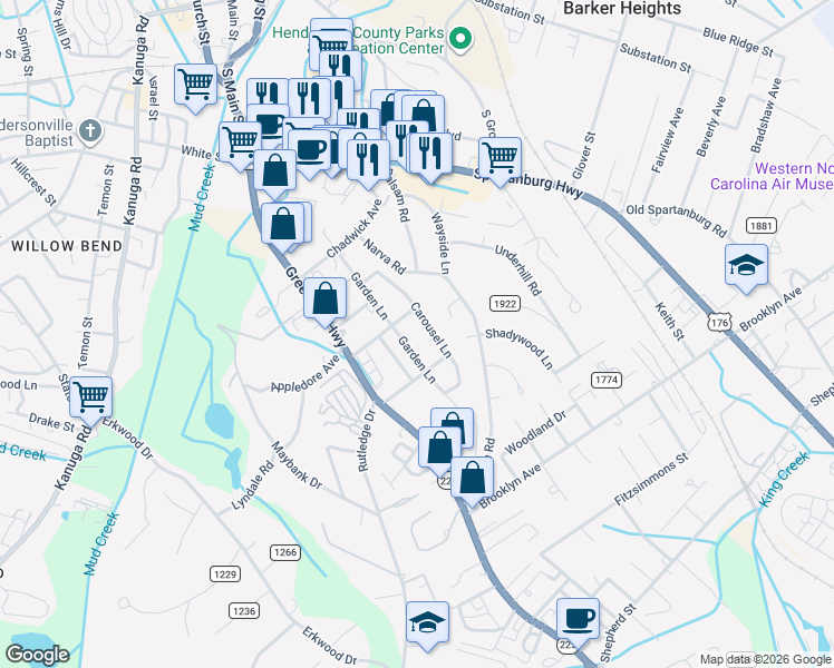 map of restaurants, bars, coffee shops, grocery stores, and more near 1136 Garden Ln in Hendersonville