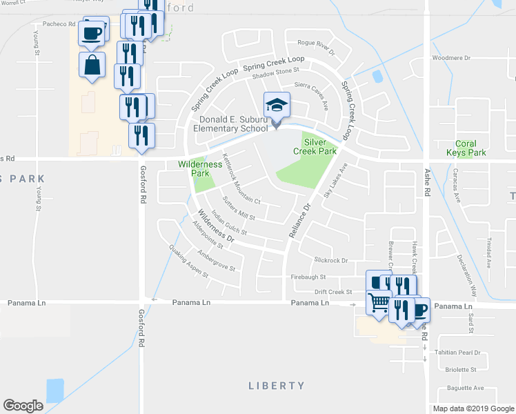 map of restaurants, bars, coffee shops, grocery stores, and more near 6101 Kettlerock Mountain Court in Bakersfield