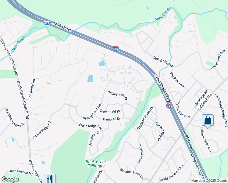 map of restaurants, bars, coffee shops, grocery stores, and more near 3327 Ashley View Drive in Charlotte