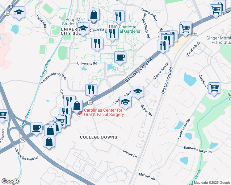 map of restaurants, bars, coffee shops, grocery stores, and more near 9032 University City Boulevard in Charlotte