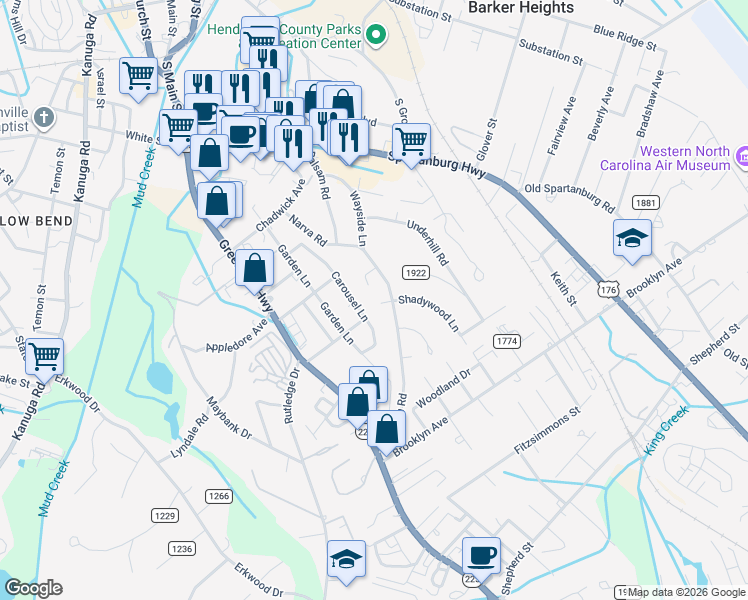 map of restaurants, bars, coffee shops, grocery stores, and more near 226 Balsam Road in Hendersonville