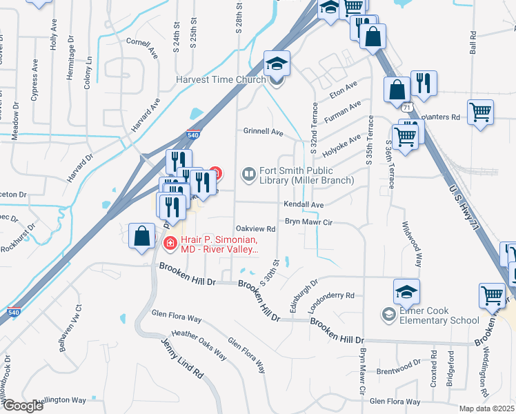 map of restaurants, bars, coffee shops, grocery stores, and more near 2900 Kendall Avenue in Fort Smith