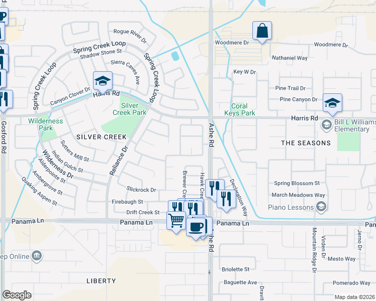 map of restaurants, bars, coffee shops, grocery stores, and more near 5915 Foss Ridge Court in Bakersfield