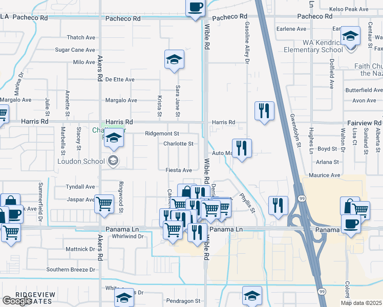map of restaurants, bars, coffee shops, grocery stores, and more near 5912 Wicks Avenue in Bakersfield