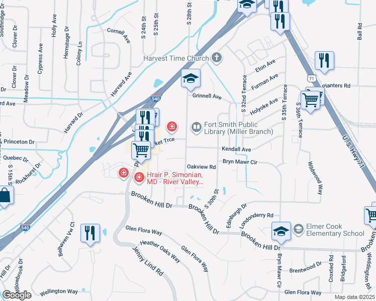 map of restaurants, bars, coffee shops, grocery stores, and more near 2800 South 28th Street in Fort Smith
