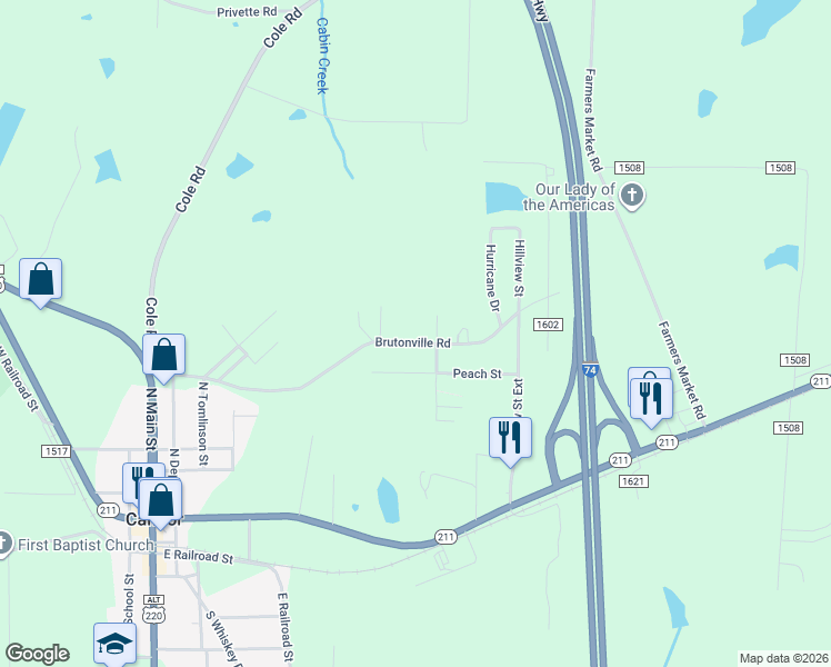 map of restaurants, bars, coffee shops, grocery stores, and more near 611 Brutonville Road in Candor