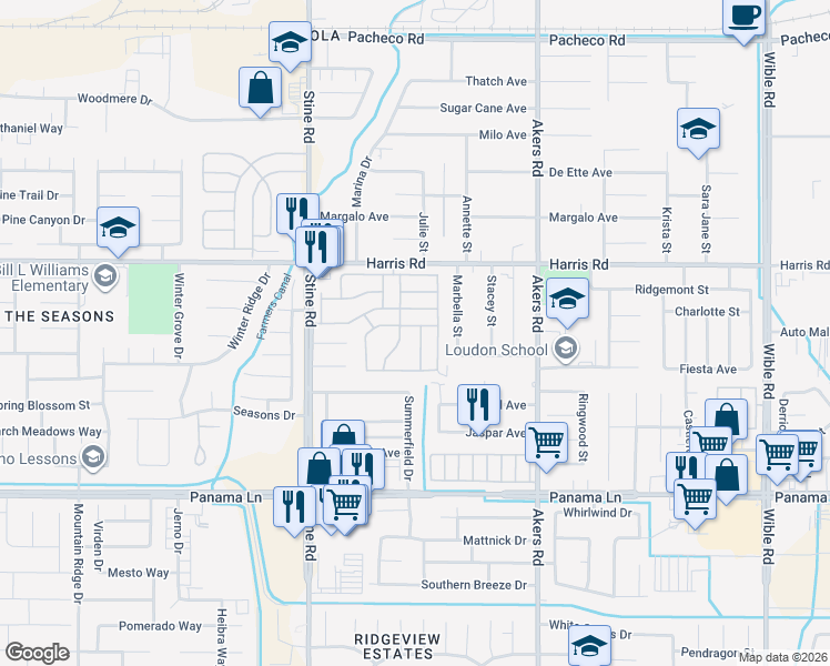 map of restaurants, bars, coffee shops, grocery stores, and more near 5905 Stone Bridge Lane in Bakersfield