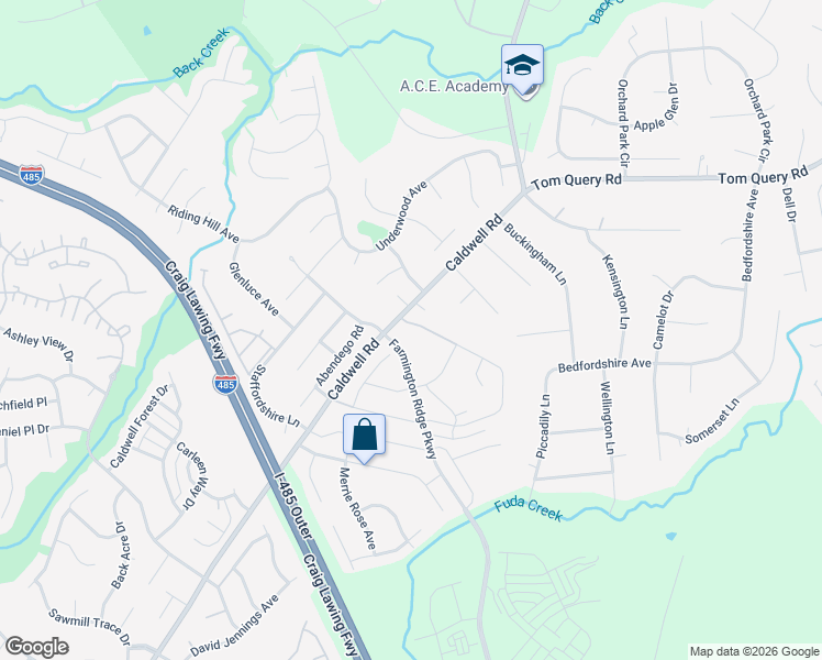 map of restaurants, bars, coffee shops, grocery stores, and more near 5135 Sunburst Lane in Charlotte