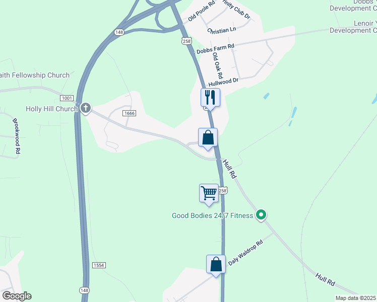 map of restaurants, bars, coffee shops, grocery stores, and more near 2053 Pauls Path Road in Kinston