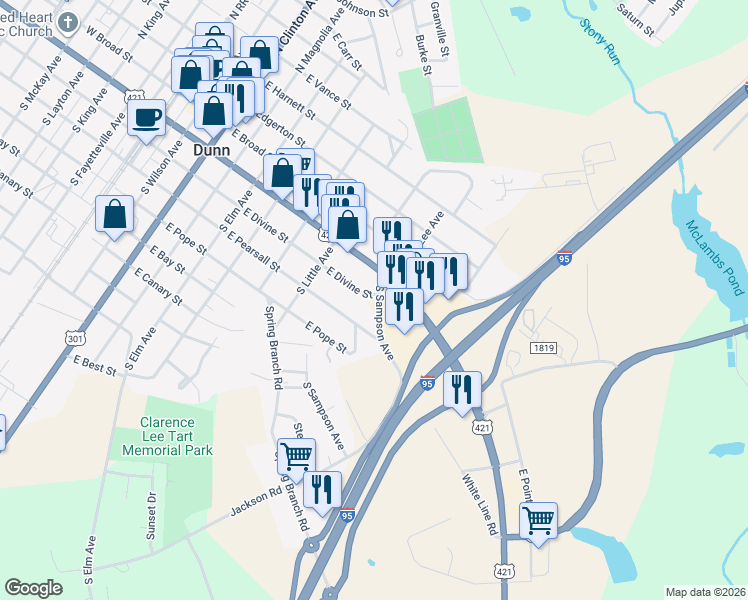 map of restaurants, bars, coffee shops, grocery stores, and more near 1000 East Cumberland Street in Dunn