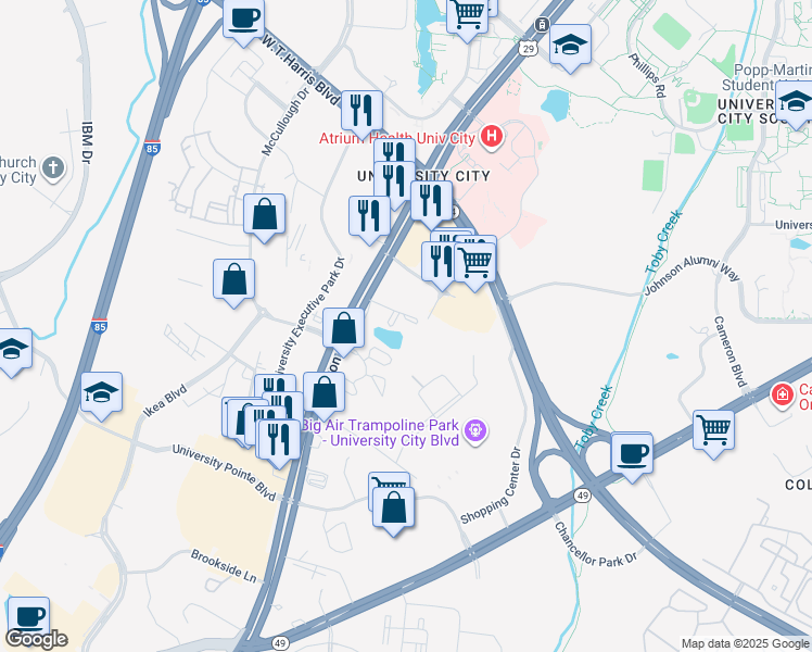 map of restaurants, bars, coffee shops, grocery stores, and more near 8340 North Tryon Street in Charlotte