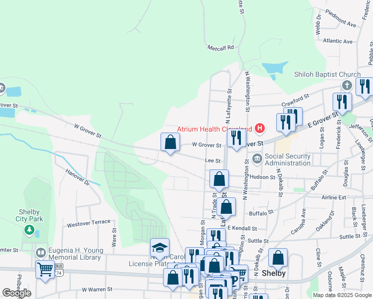 map of restaurants, bars, coffee shops, grocery stores, and more near 222 Lee Street in Shelby