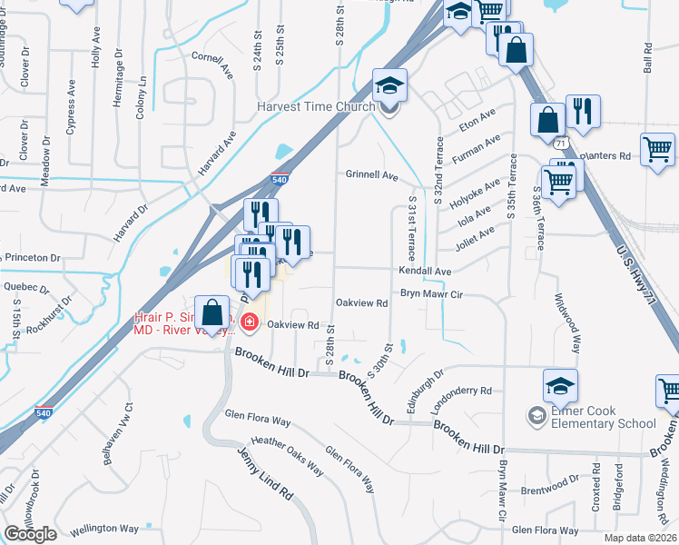 map of restaurants, bars, coffee shops, grocery stores, and more near 2800 South 28th Street in Fort Smith