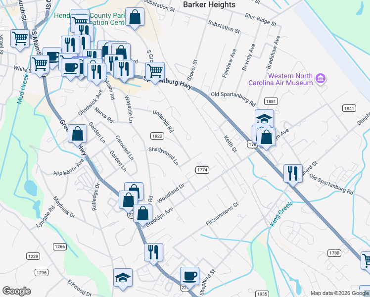 map of restaurants, bars, coffee shops, grocery stores, and more near 128 County Road 1921 in Hendersonville