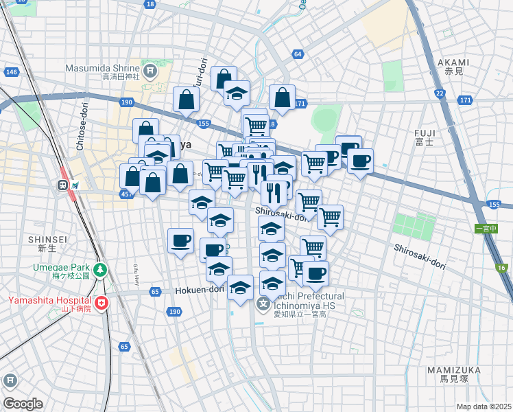 map of restaurants, bars, coffee shops, grocery stores, and more near in Ichinomiya