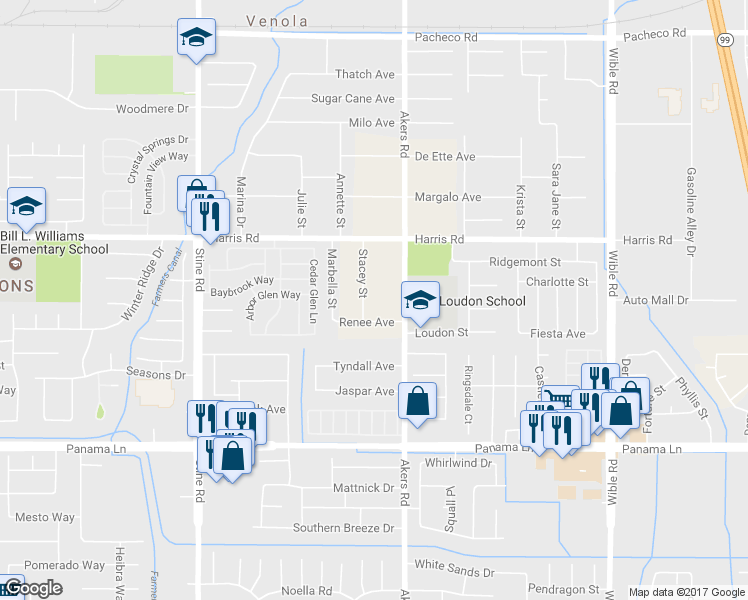 map of restaurants, bars, coffee shops, grocery stores, and more near 5906 Stacey Street in Bakersfield