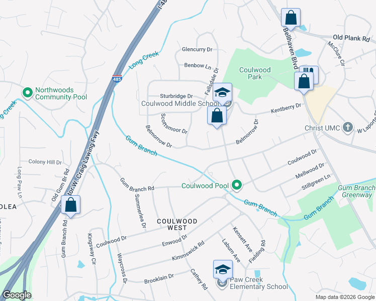 map of restaurants, bars, coffee shops, grocery stores, and more near 601 Belmorrow Drive in Charlotte