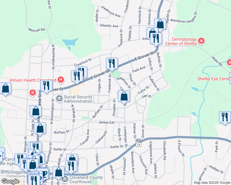 map of restaurants, bars, coffee shops, grocery stores, and more near 809 Craig Place in Shelby