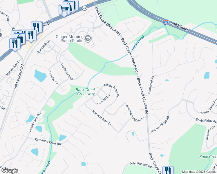 map of restaurants, bars, coffee shops, grocery stores, and more near 10307 Atkins Ridge Drive in Charlotte