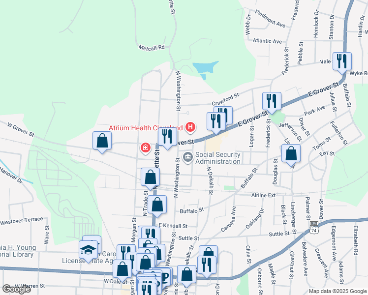 map of restaurants, bars, coffee shops, grocery stores, and more near 202 East Grover Street in Shelby