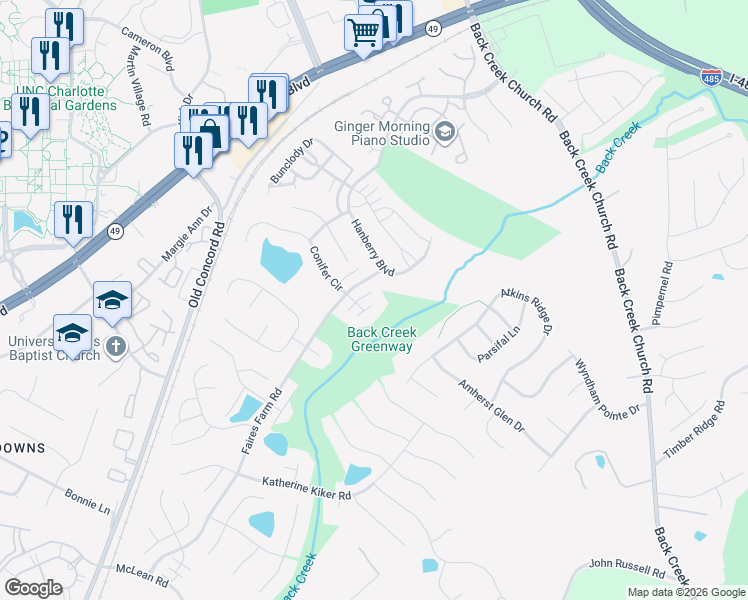 map of restaurants, bars, coffee shops, grocery stores, and more near 10139 Mayhurst Court in Charlotte