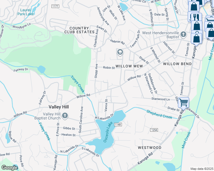 map of restaurants, bars, coffee shops, grocery stores, and more near 7 Rosebud Lane in Hendersonville