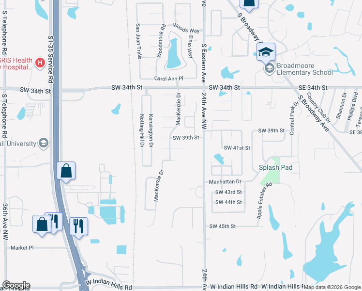 map of restaurants, bars, coffee shops, grocery stores, and more near 833 Southwest 40th Street in Moore