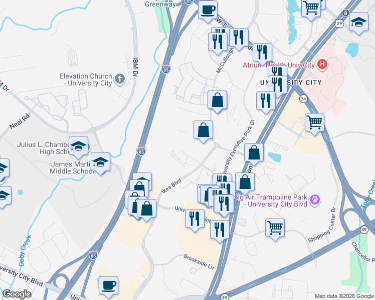 map of restaurants, bars, coffee shops, grocery stores, and more near 6008 Lewis Street in Charlotte