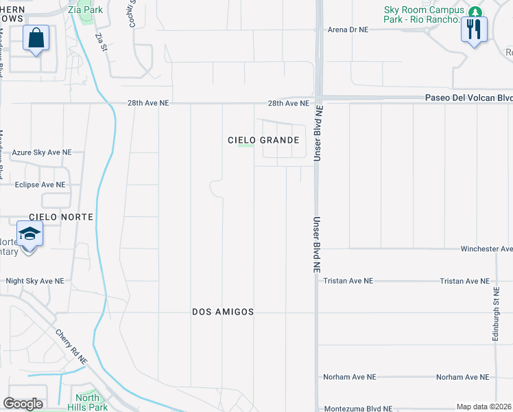 map of restaurants, bars, coffee shops, grocery stores, and more near 2611 Box Lake Drive Northeast in Rio Rancho