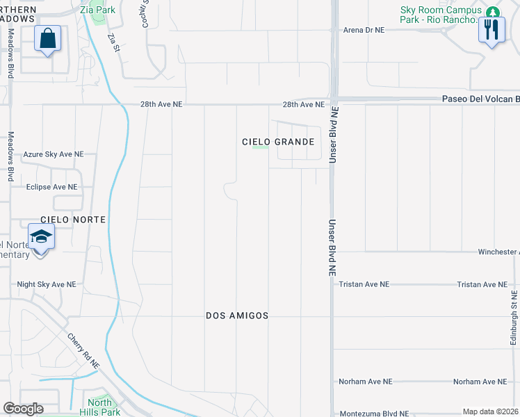 map of restaurants, bars, coffee shops, grocery stores, and more near 2611 Box Lake Drive Northeast in Rio Rancho